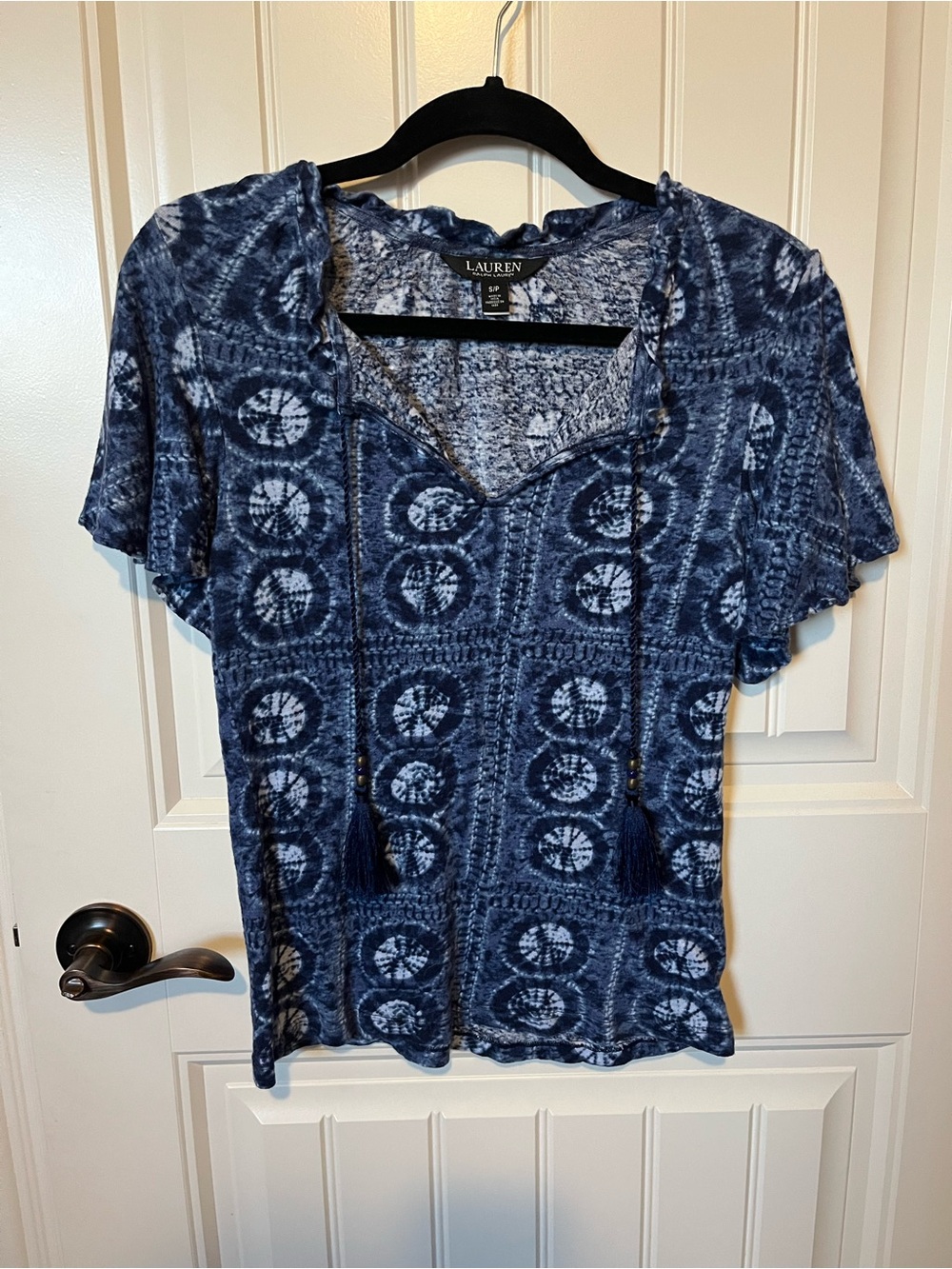 Ralph Lauren Navy Tie-Dye Short Sleeve Top with Tassels